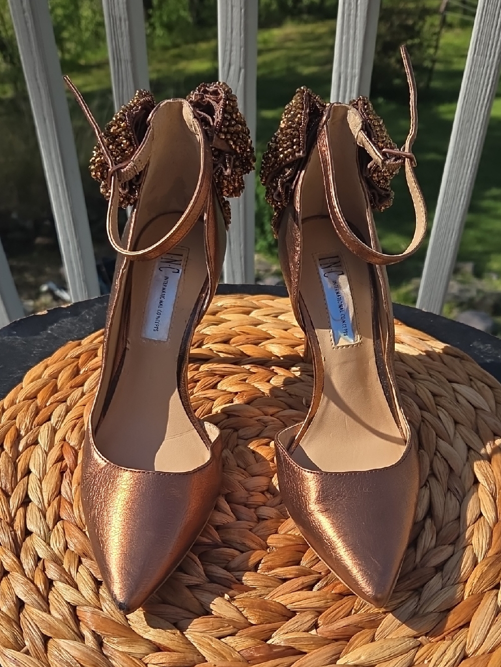 Women's Metallic Copper Pointed-Toe Ankle-Strap Heels